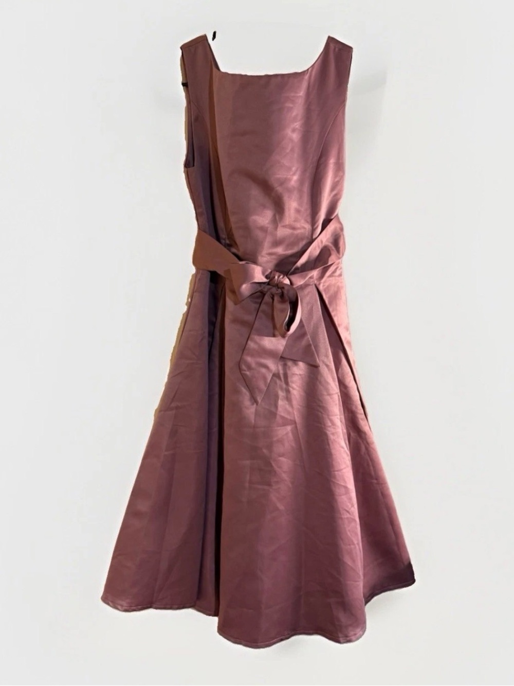 Simple Retro Dusty Rose Pink Satin Midi Dress Bow Waist Fit Flare Cocktail As Is